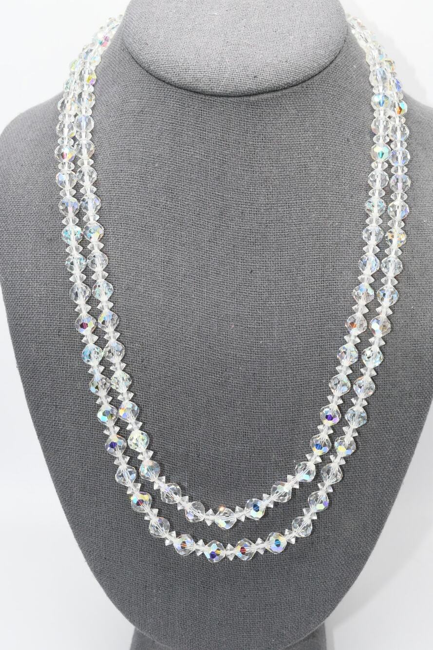 Vintage Aurora Borealis Crystal 2 Strand Necklace 22" Rhinestone Clasp
